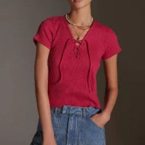 By Anthropologie Lace-Up Baby Tee in Raspberry NWTs